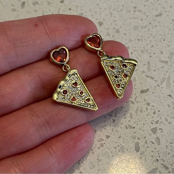 Gold and Red Heart Pizza Earrings - Picture 7 of 11
